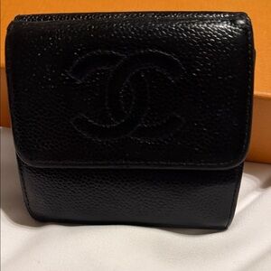 CHANEL Black Pebbled Leather Small Wallet with Embossed CC
